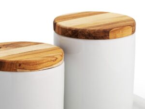 Kit higiene porcelana com tampa de madeira teca e bandeja