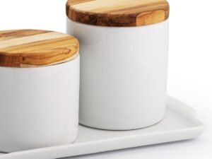 Kit higiene porcelana com tampa de madeira teca e bandeja