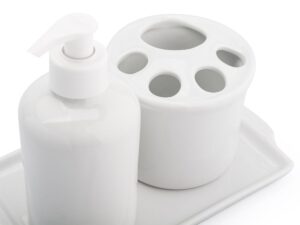 Kit higiene porcelana porta escova e saboneteira com bandeja