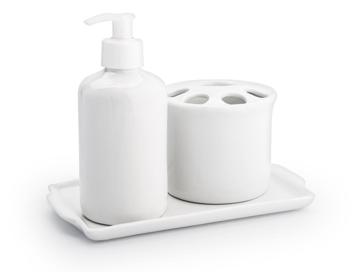 Kit higiene porcelana porta escova e saboneteira com bandeja