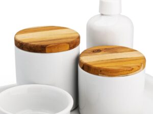 Kit higiene bebê porcelana com tampa madeira e bandeja