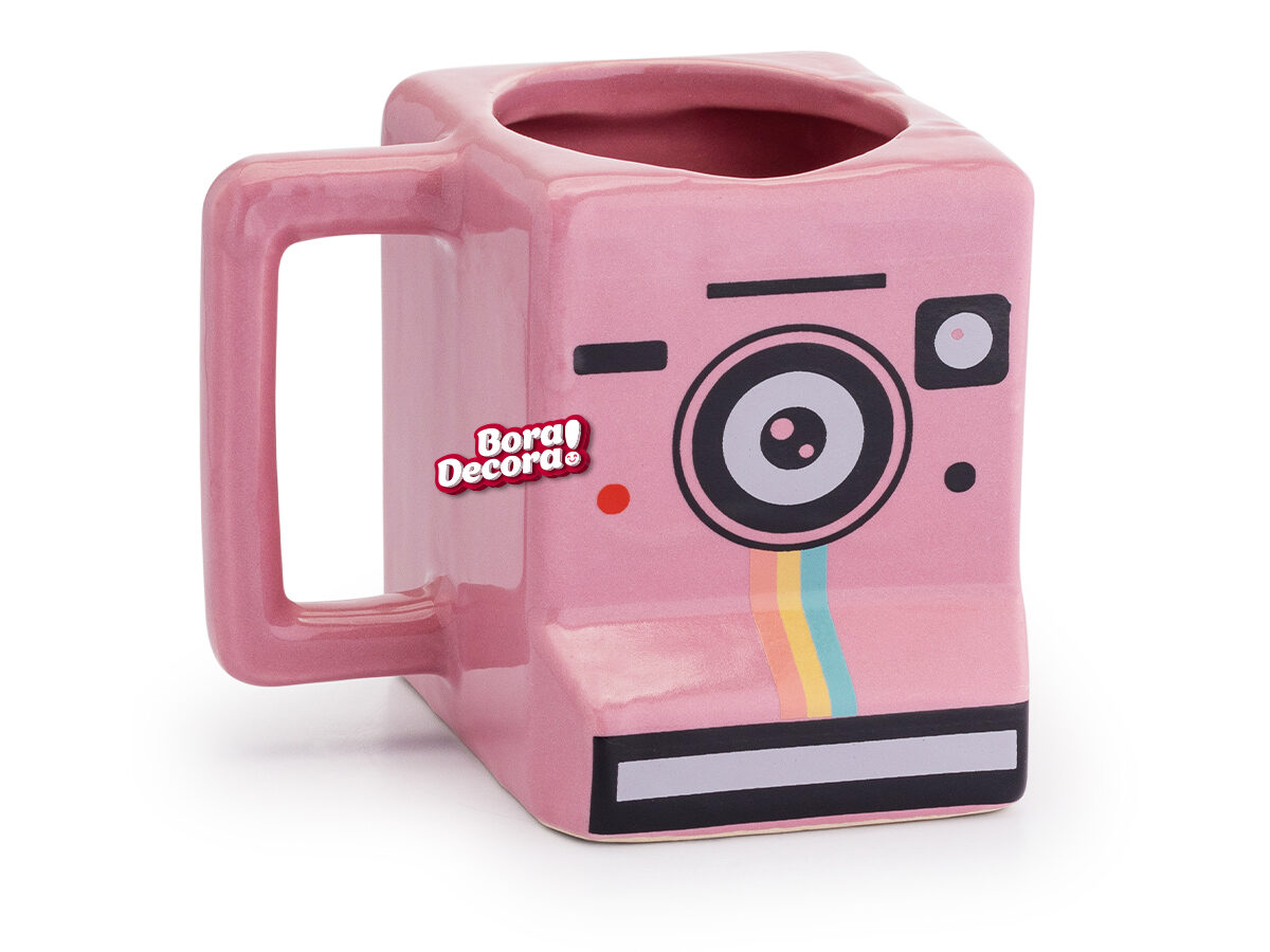 Caneca Polaroid Instagram 3D cubo câmera retrô rosa 350 ml
