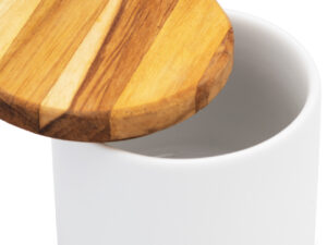 Pote de porcelana com tampa de madeira teka porta algodão