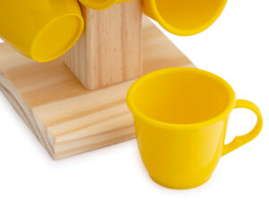 Kit 6 xícaras de café com suporte de madeira - amarelo