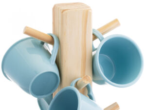 Kit 6 xícaras de café com suporte de madeira - azul