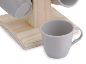 Kit 6 xícaras de café com suporte de madeira - cinza