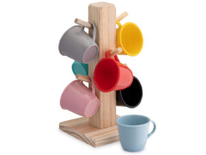 Kit 6 xícaras de café com suporte de madeira - colorido