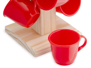 Kit 6 xícaras de café com suporte de madeira - vermelho