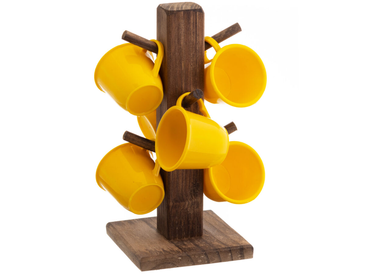 6 xícaras de café com suporte de madeira - kit amarelo