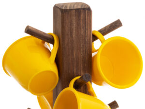 6 xícaras de café com suporte de madeira - kit amarelo