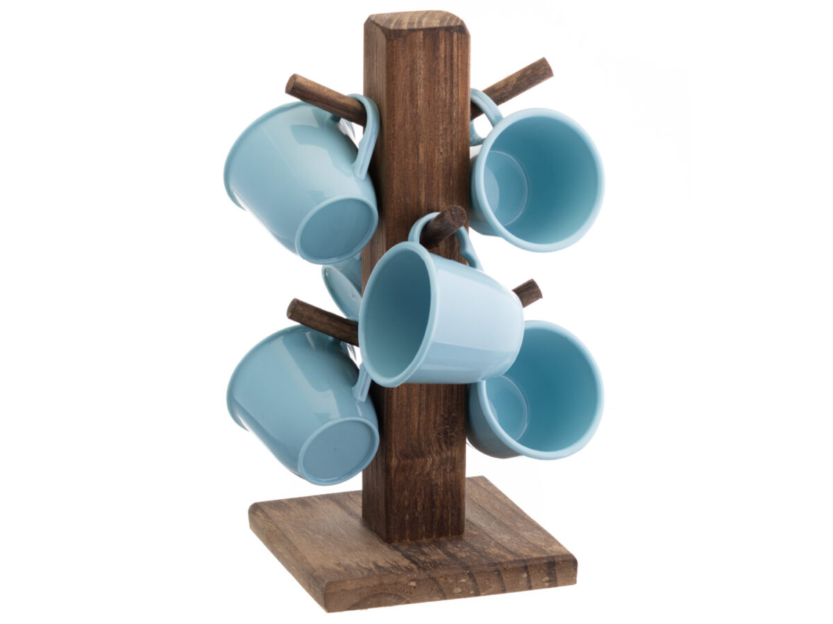 6 xícaras de café com suporte de madeira - kit azul