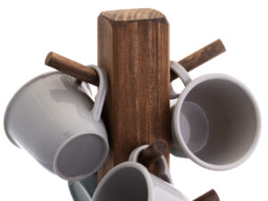 6 xícaras de café com suporte de madeira - kit cinza