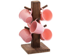 6 xícaras de café com suporte de madeira - kit rosa