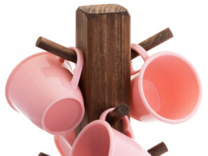 6 xícaras de café com suporte de madeira - kit rosa